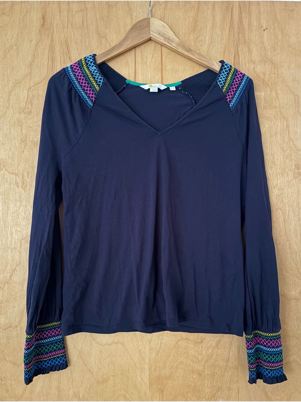 Boden Blue V-Neck Top with Colorful Embroidered Accents NWOT